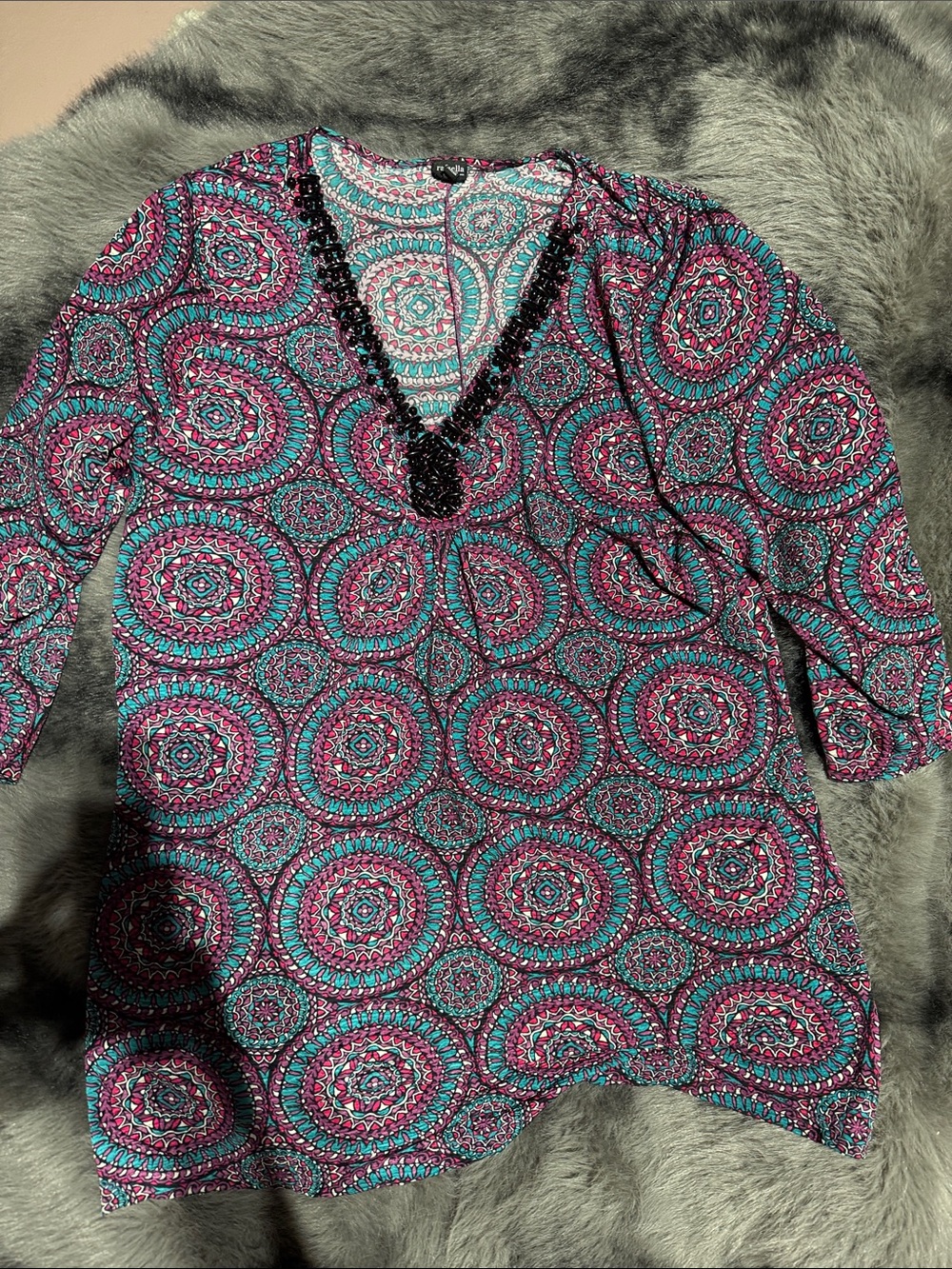 Rafaella V-Neck Tunic in Teal & Magenta Medallion Print